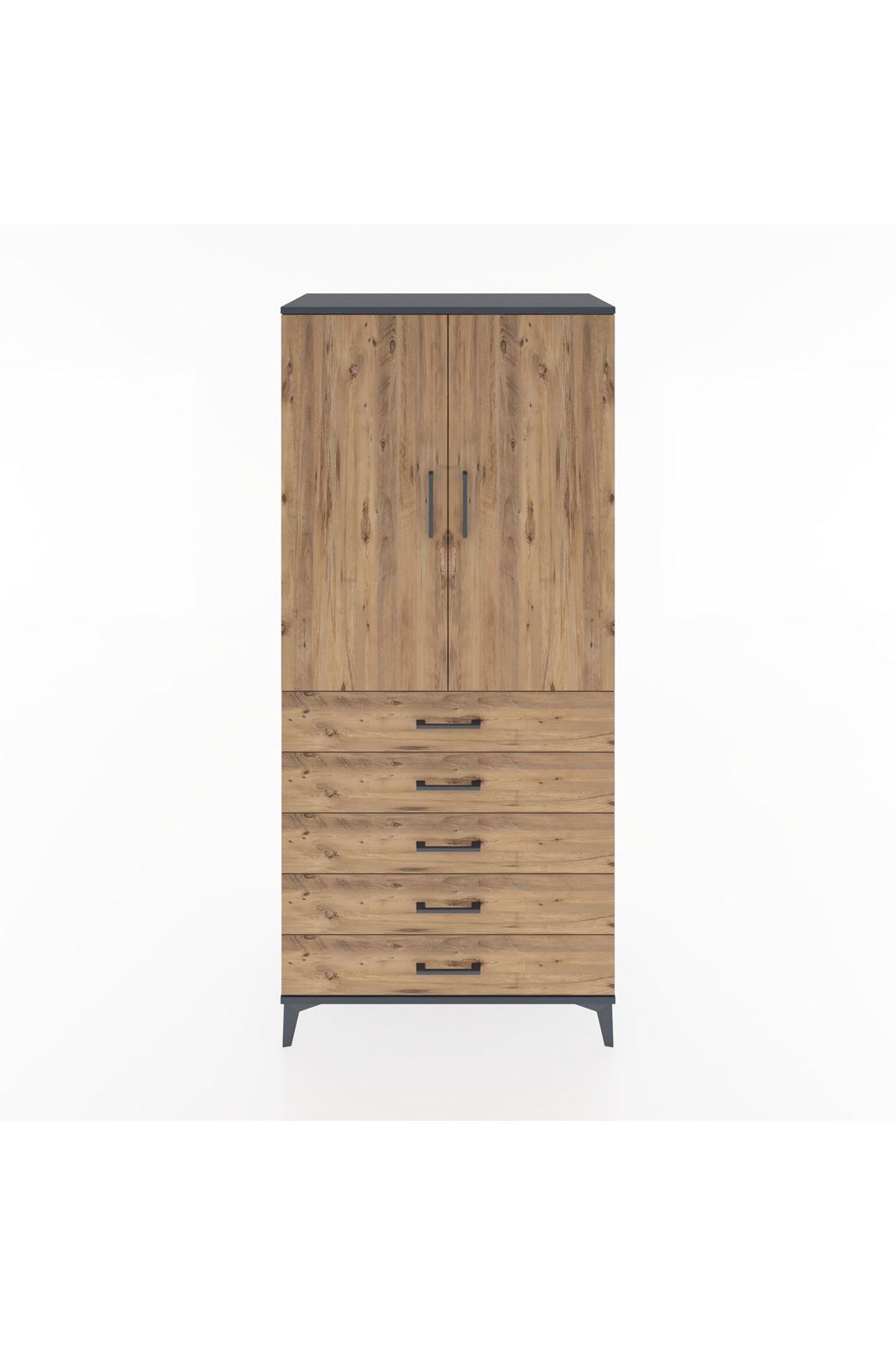 Hyperion Dolap 3 Raflı 5 Çekmeceli 2 Kapaklı 88x44x195 Antrasit-Çam