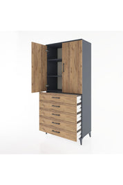 Hyperion Dolap 3 Raflı 5 Çekmeceli 2 Kapaklı 88x44x195 Antrasit-Çam