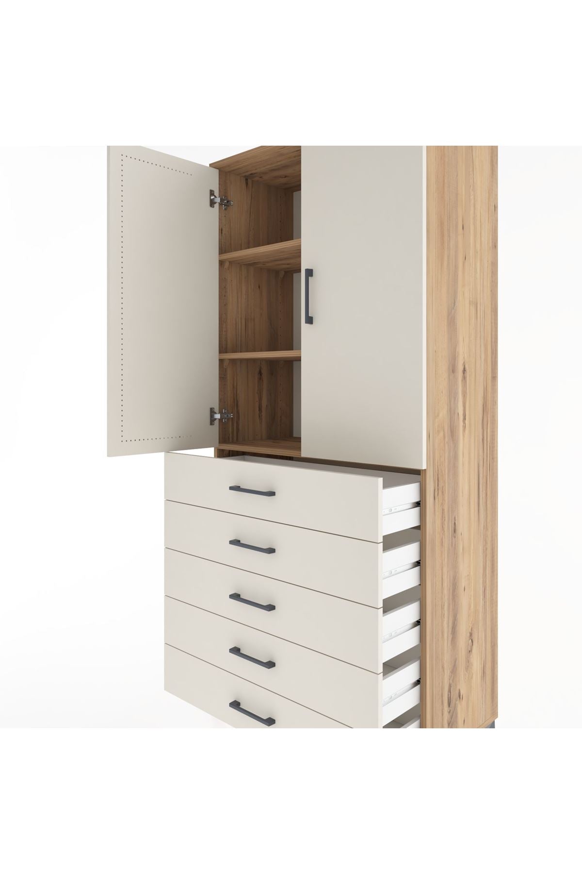 Hyperion Dolap 3 Raflı 5 Çekmeceli 2 Kapaklı 88x44x195 Çam-Aytaşı