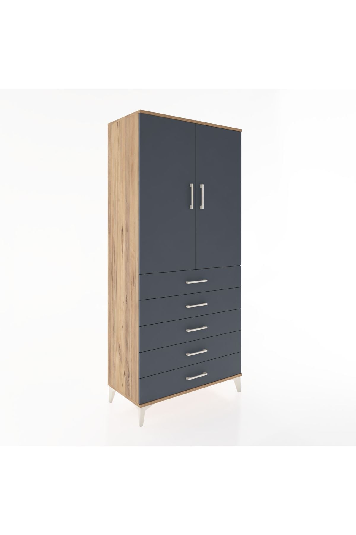 Hyperion Dolap 3 Raflı 5 Çekmeceli 2 Kapaklı 88x44x195 Çam-Antrasit