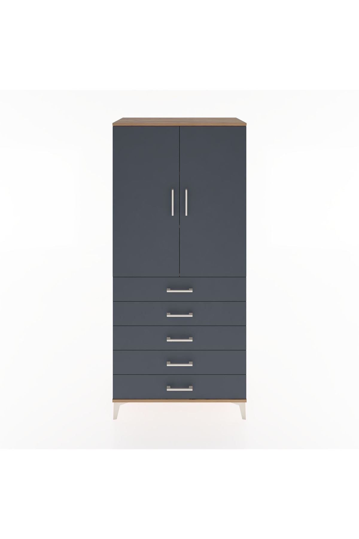 Hyperion Dolap 3 Raflı 5 Çekmeceli 2 Kapaklı 88x44x195 Çam-Antrasit