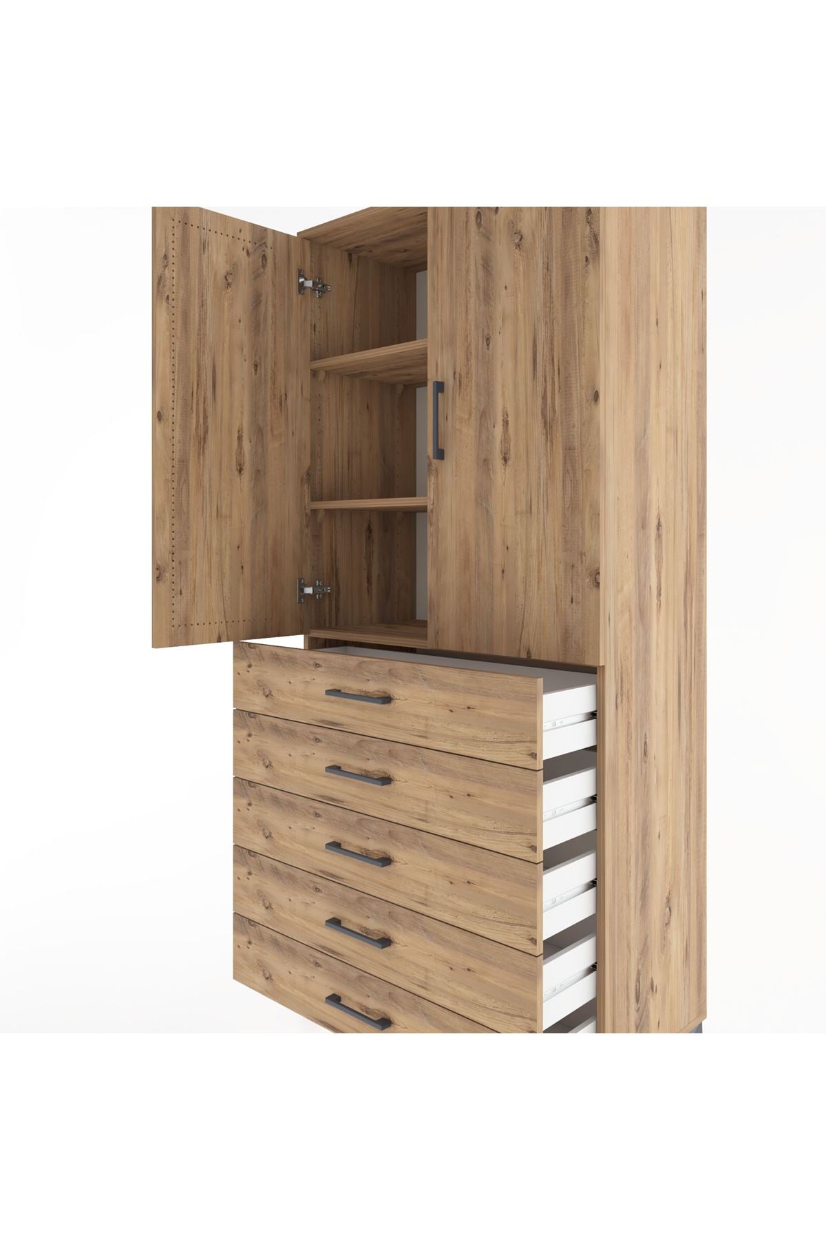 Hyperion Dolap 3 Raflı 5 Çekmeceli 2 Kapaklı 88x44x195 Çam-Çam