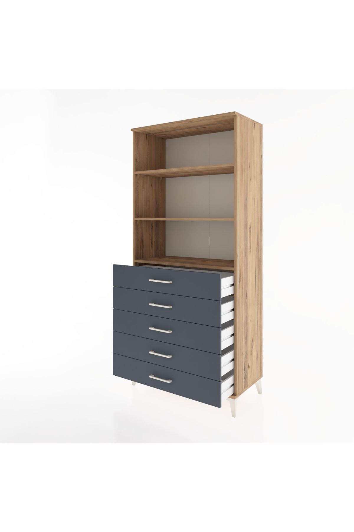 Hyperion Dolap 3 Raflı 5 Çekmeceli 88x44x195 Çam-Antrasit
