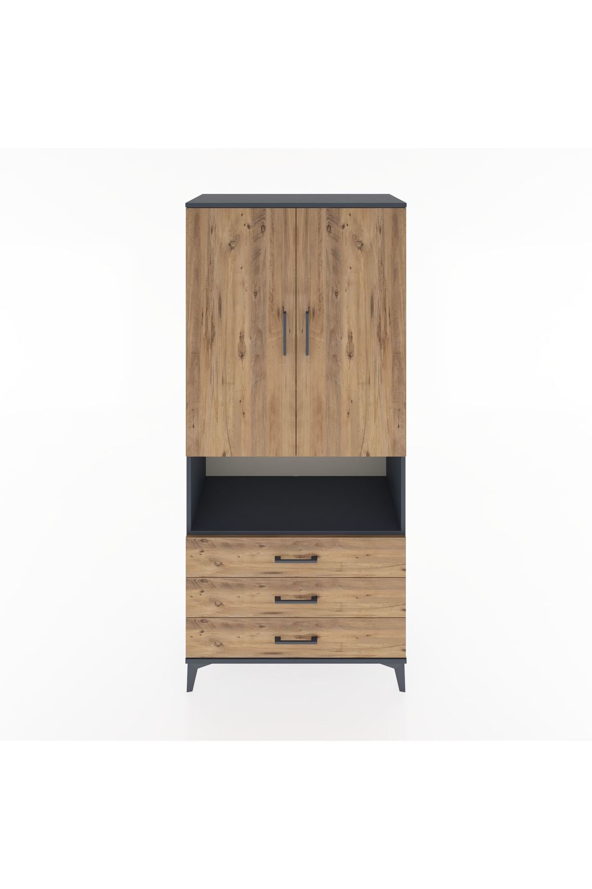 Hyperion Dolap 2 Raflı 3 Çekmeceli Tek Askılı 88x44x195 Antrasit-Çam