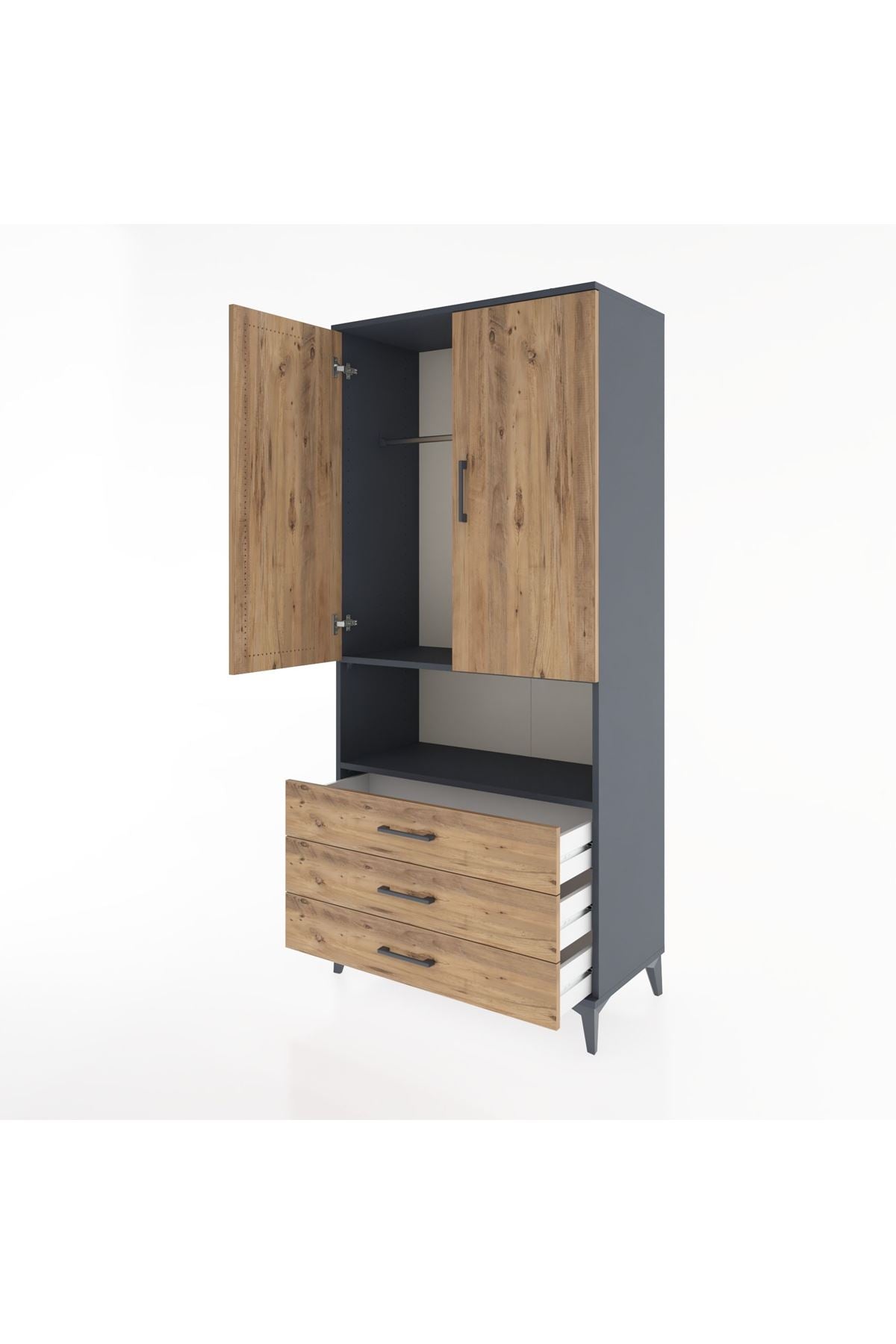 Hyperion Dolap 2 Raflı 3 Çekmeceli Tek Askılı 88x44x195 Antrasit-Çam