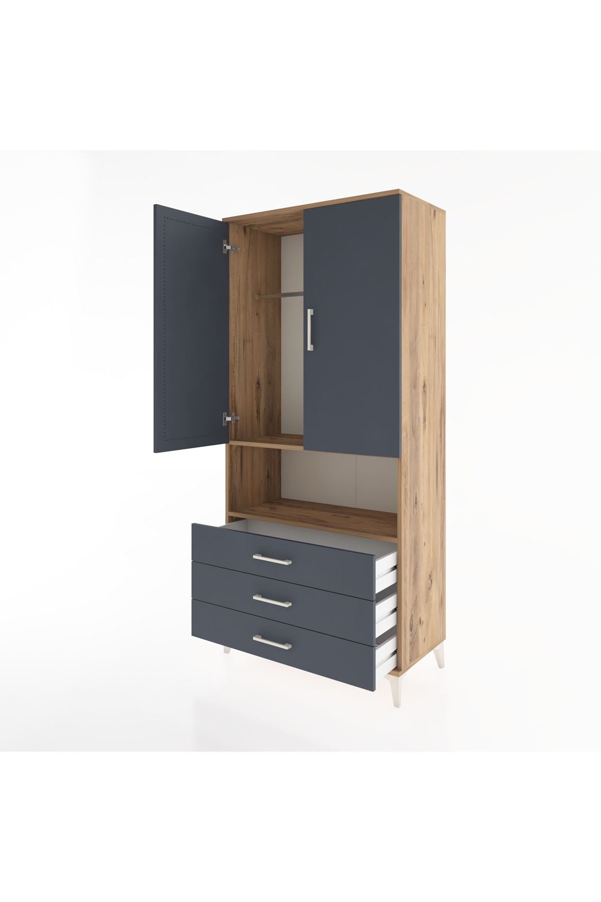 Hyperion Dolap 2 Raflı 3 Çekmeceli Tek Askılı 88x44x195 Çam-Antrasit