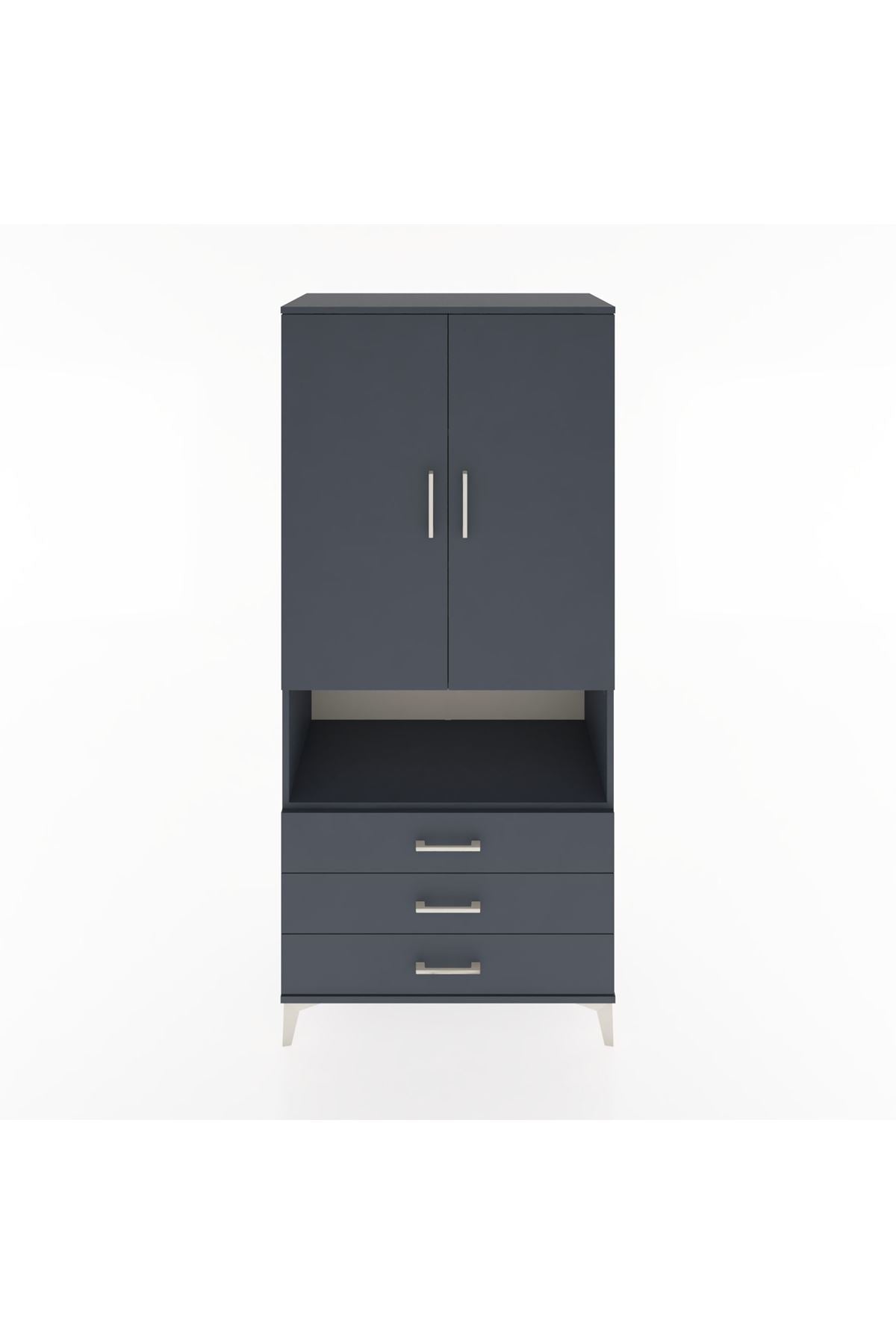 Hyperion Dolap 4 Raflı 3 Çekmeceli 2 Kapaklı 88x44x195 Antrasit-Antrasit