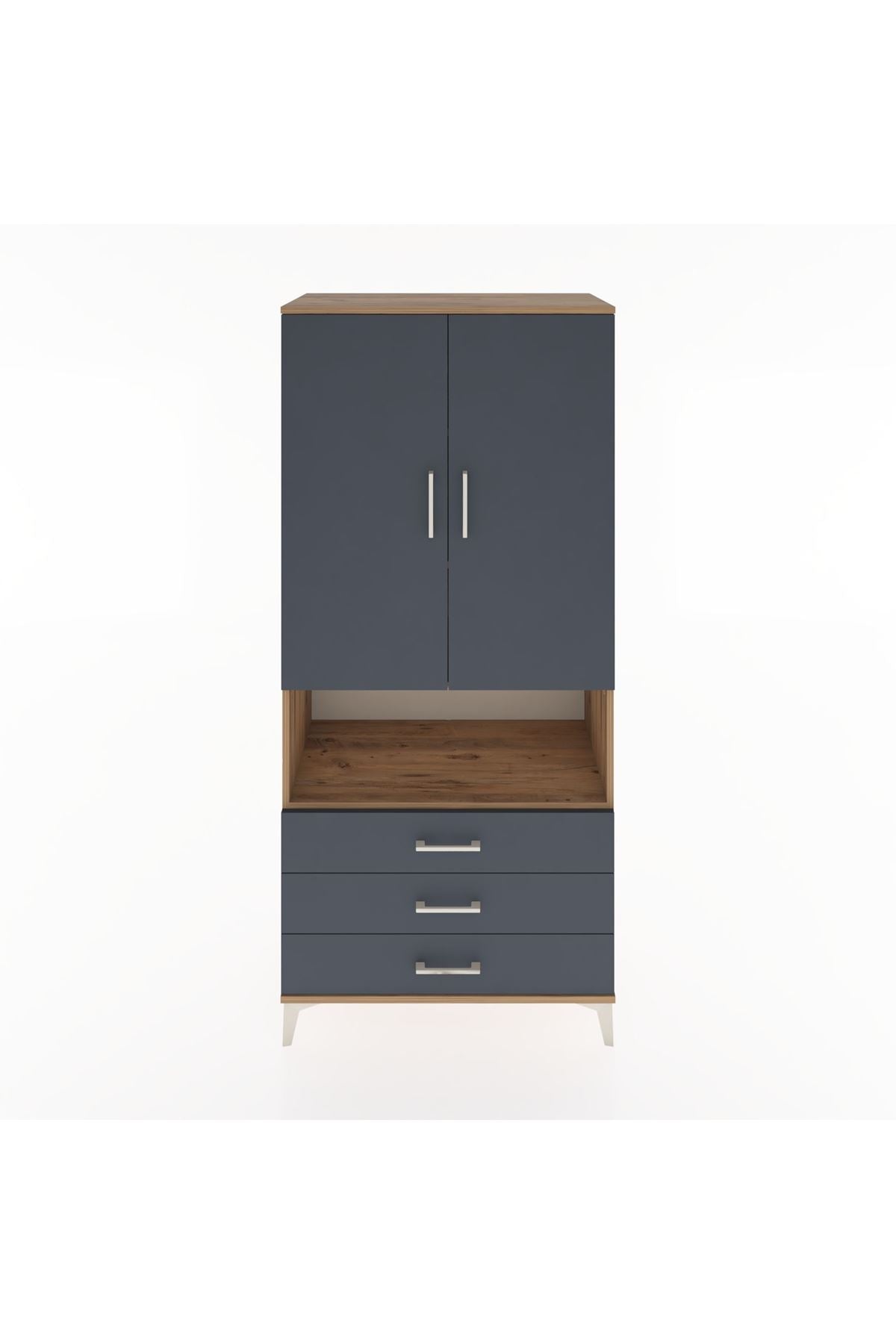 Hyperion Dolap 4 Raflı 3 Çekmeceli 2 Kapaklı 88x44x195 Çam-Antrasit