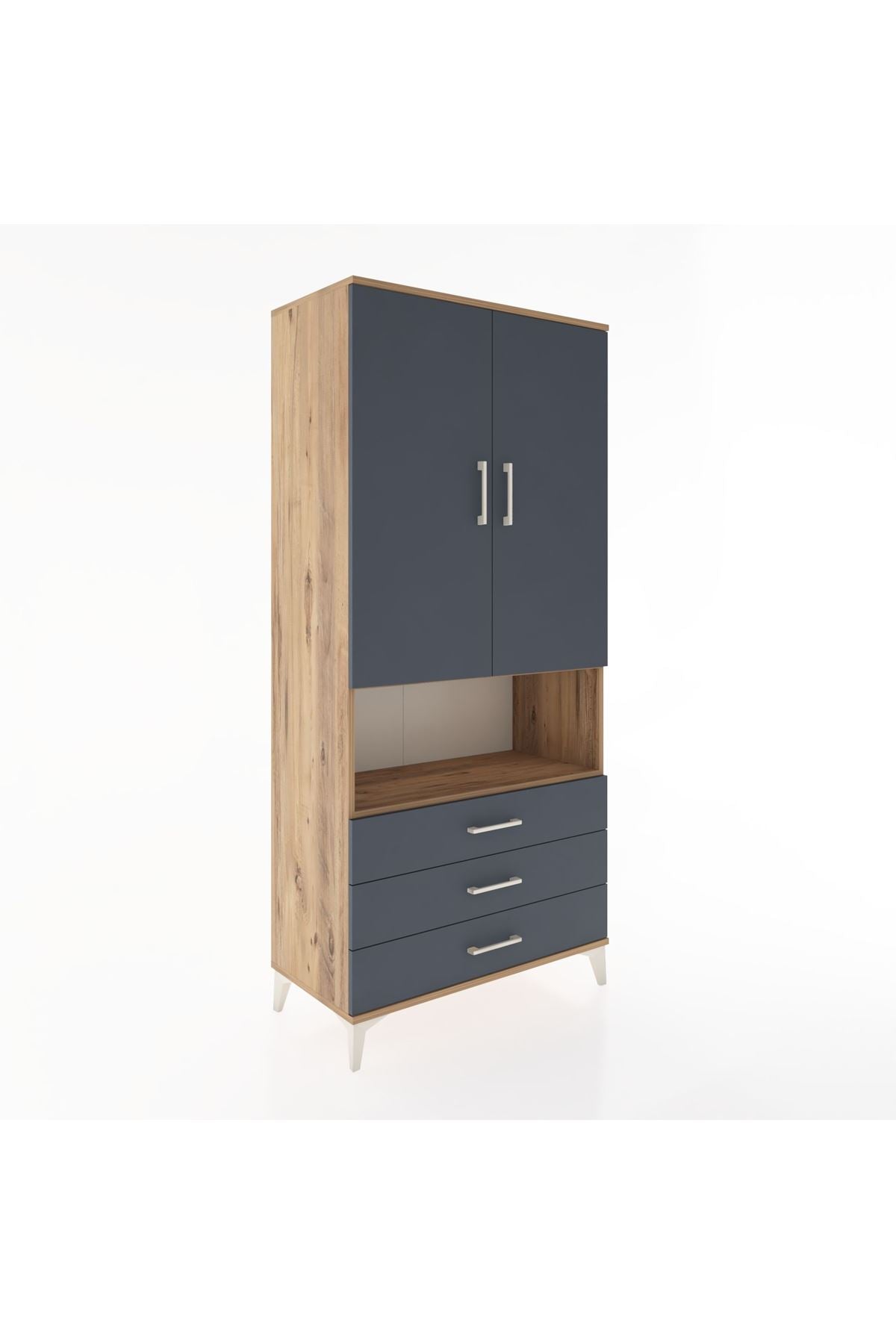 Hyperion Dolap 4 Raflı 3 Çekmeceli 2 Kapaklı 88x44x195 Çam-Antrasit