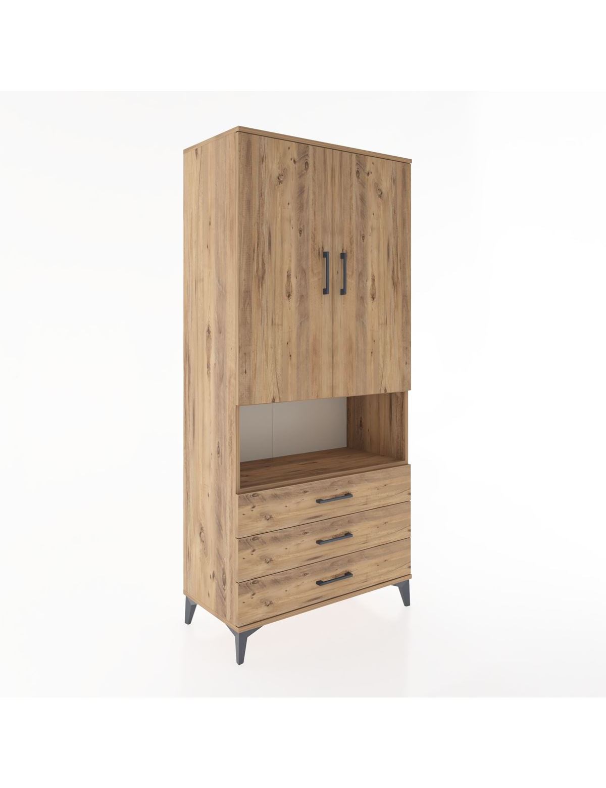 Hyperion Dolap 4 Raflı 3 Çekmeceli 2 Kapaklı 88x44x195 Çam-Çam