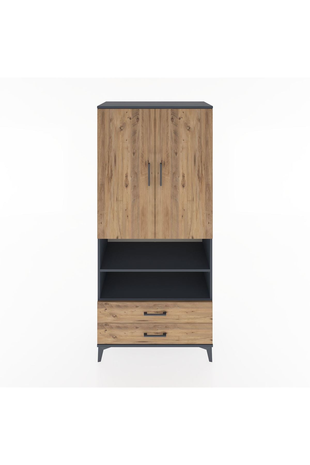 Hyperion Dolap 3 Raflı 2 Çekmeceli Tek Askılı 88x44x195 Antrasit-Çam