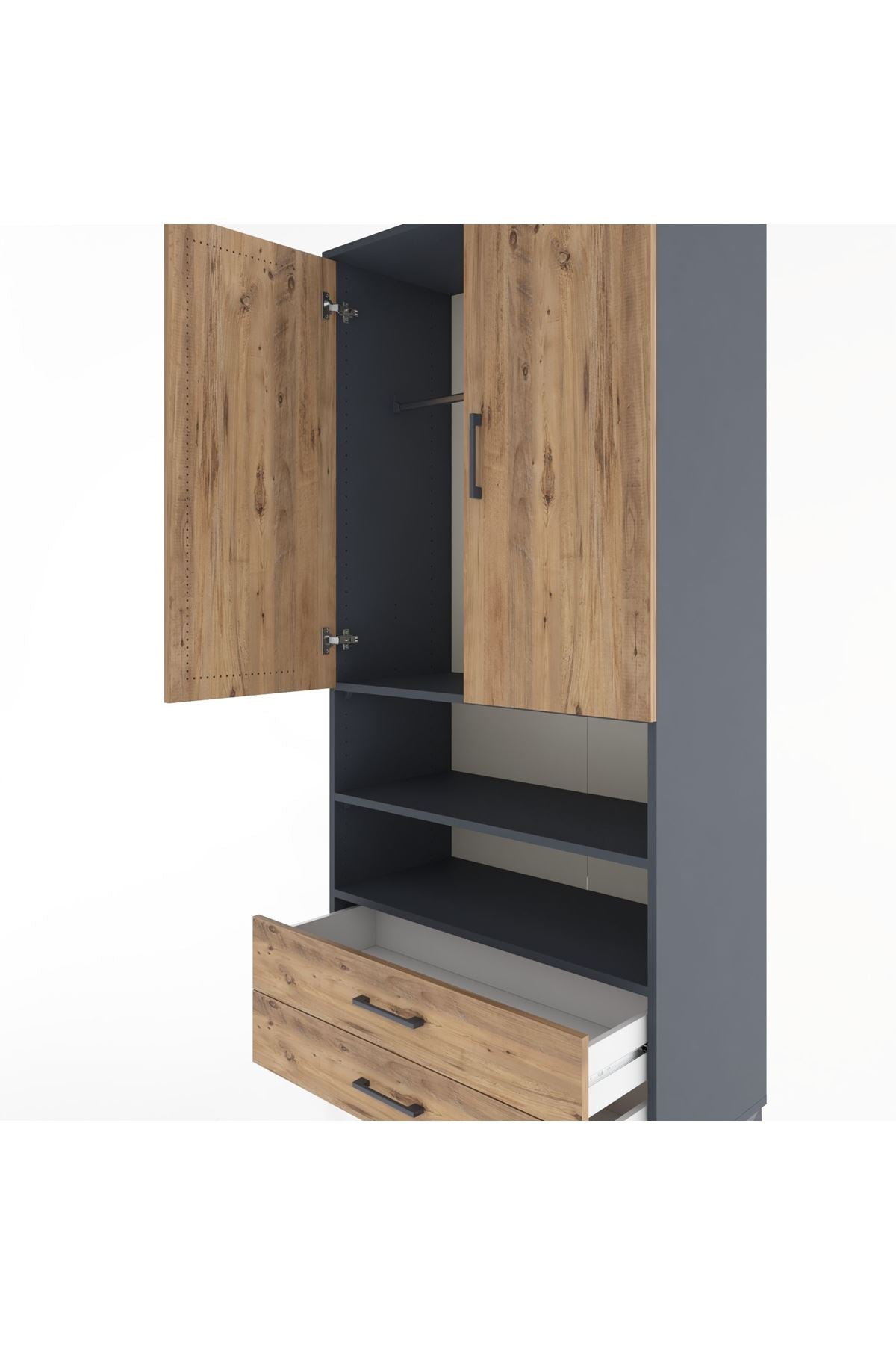 Hyperion Dolap 3 Raflı 2 Çekmeceli Tek Askılı 88x44x195 Antrasit-Çam