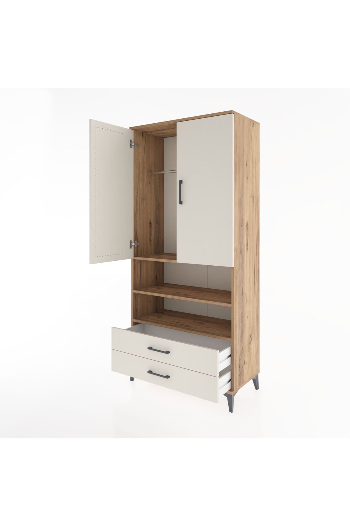 Hyperion Dolap 3 Raflı 2 Çekmeceli Tek Askılı 88x44x195 Çam-Aytaşı