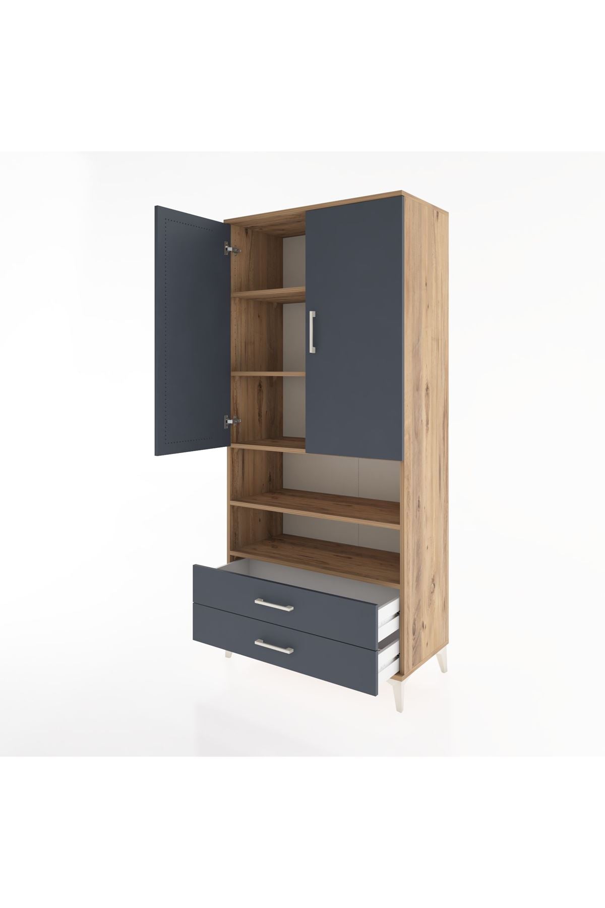 Hyperion Dolap 5 Raflı 2 Çekmeceli 2 Kapaklı 88x44x195 Çam-Antrasit