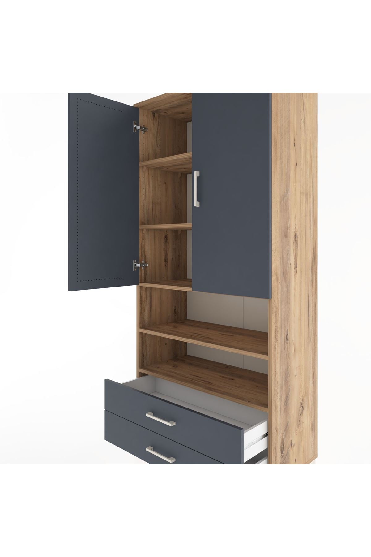 Hyperion Dolap 5 Raflı 2 Çekmeceli 2 Kapaklı 88x44x195 Çam-Antrasit