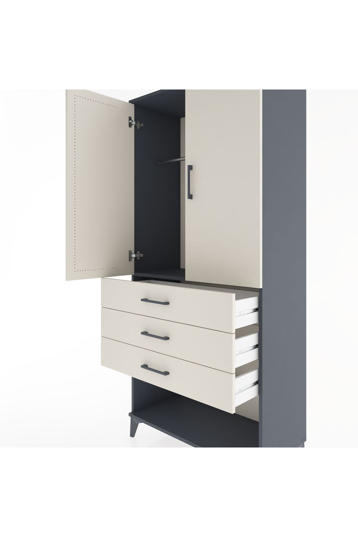 Hyperion Dolap Tek Raflı 3 Çekmeceli Tek Askılı 88x44x195 Antrasit-Aytaşı