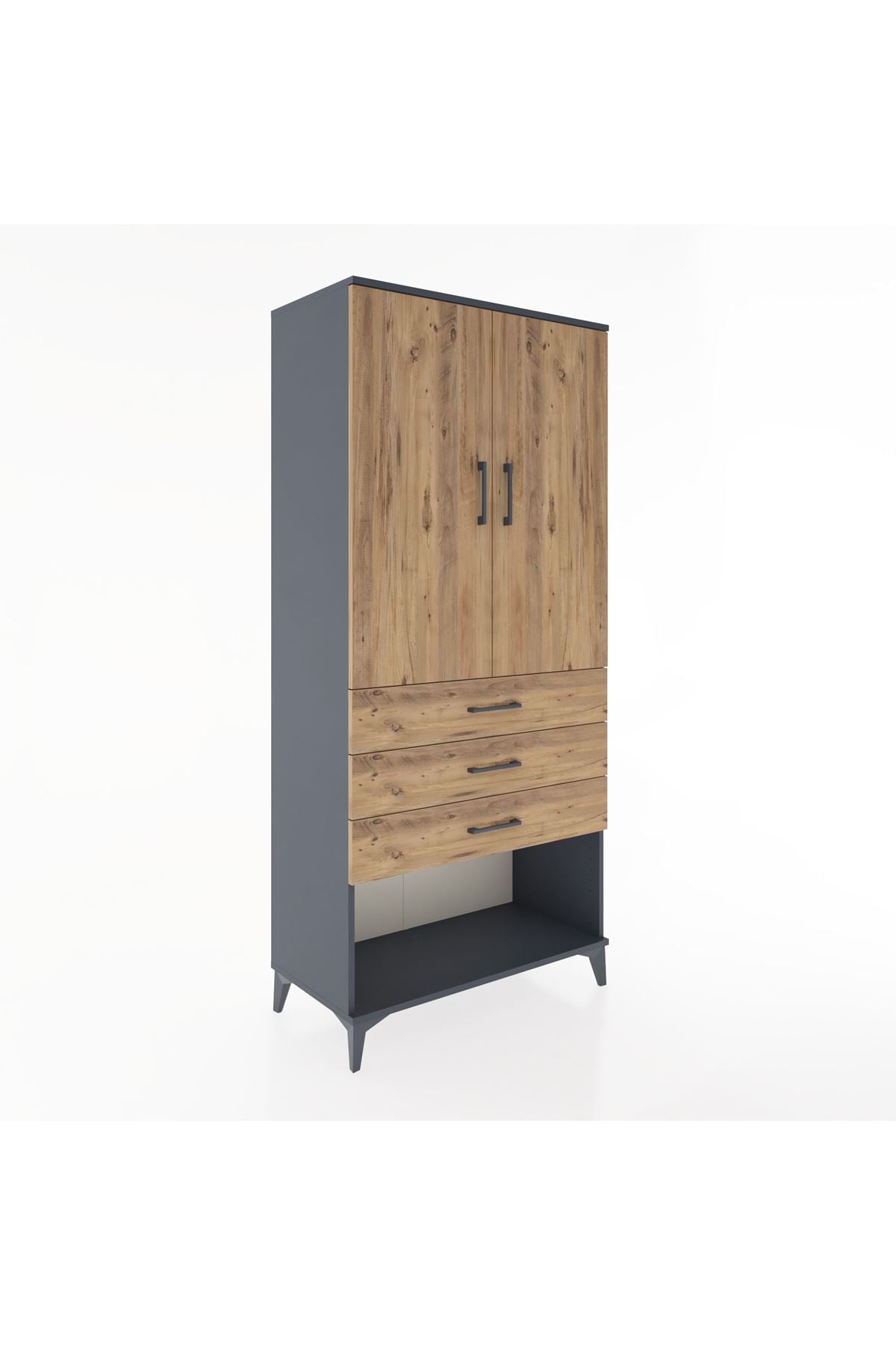 Hyperion Dolap Tek Raflı 3 Çekmeceli Tek Askılı 88x44x195 Antrasit-Çam