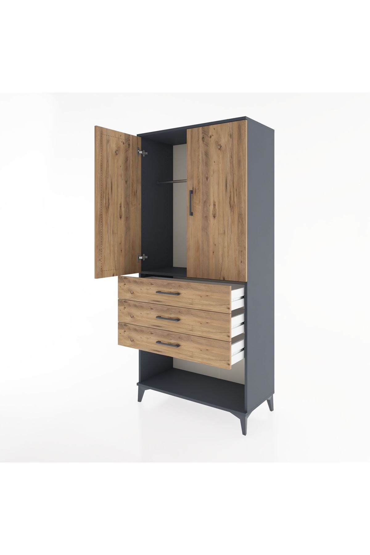 Hyperion Dolap Tek Raflı 3 Çekmeceli Tek Askılı 88x44x195 Antrasit-Çam