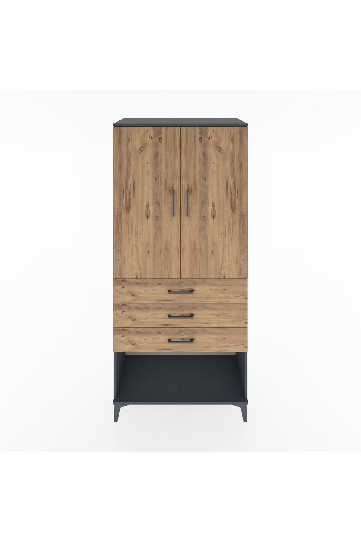 Hyperion Dolap 3 Raflı 3 Çekmeceli 2 Kapaklı 88x44x195 Antrasit-Çam