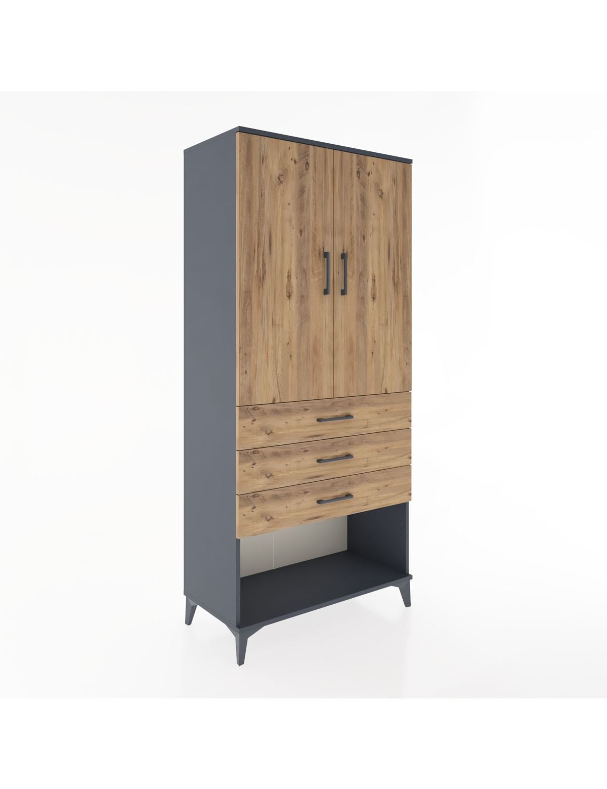 Hyperion Dolap 3 Raflı 3 Çekmeceli 2 Kapaklı 88x44x195 Antrasit-Çam