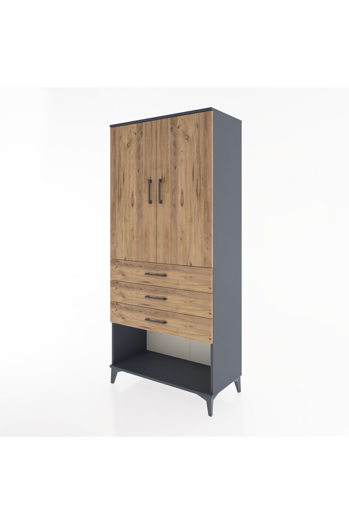 Hyperion Dolap 3 Raflı 3 Çekmeceli 2 Kapaklı 88x44x195 Antrasit-Çam