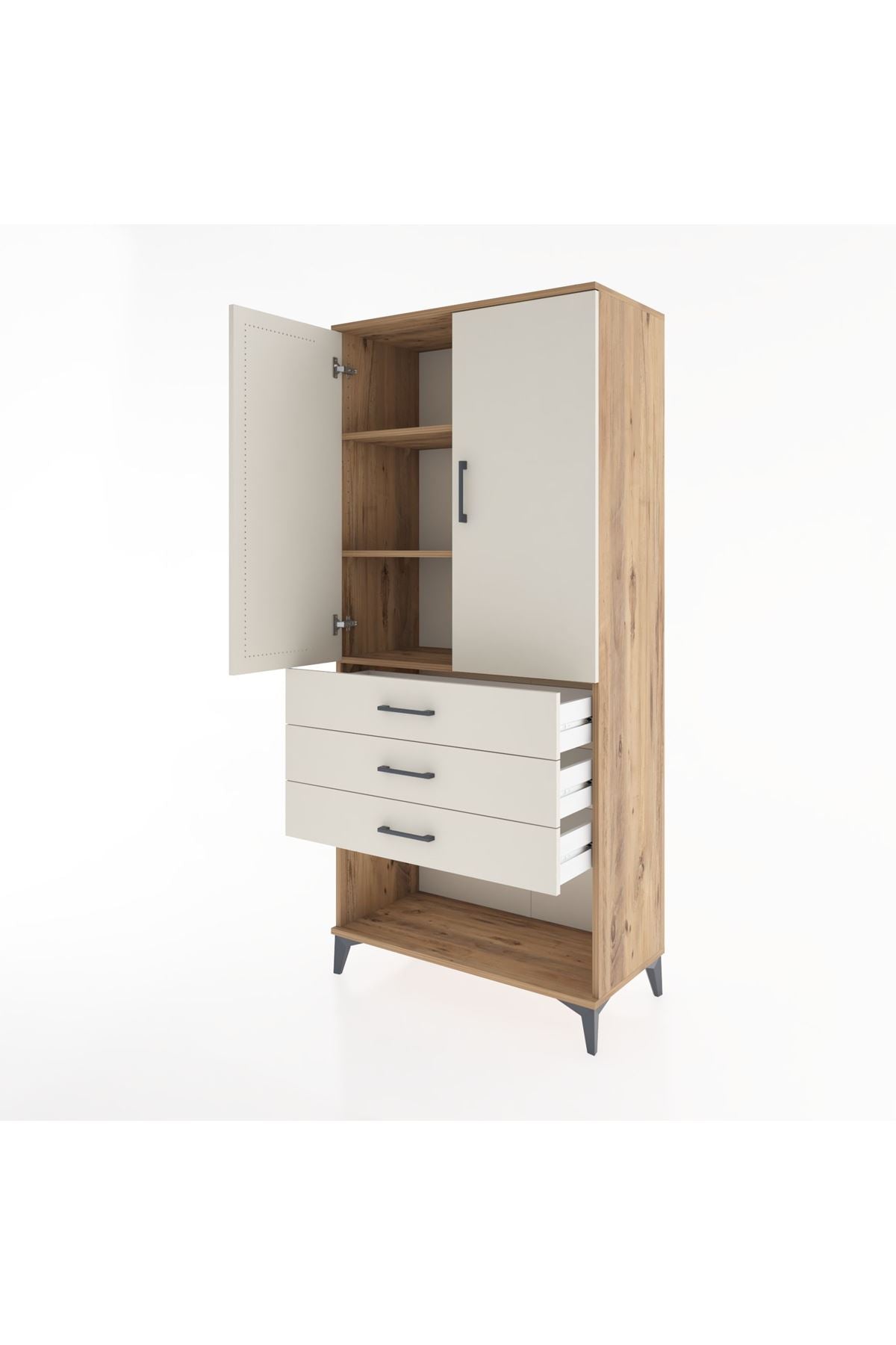 Hyperion Dolap 3 Raflı 3 Çekmeceli 2 Kapaklı 88x44x195 Çam-Aytaşı