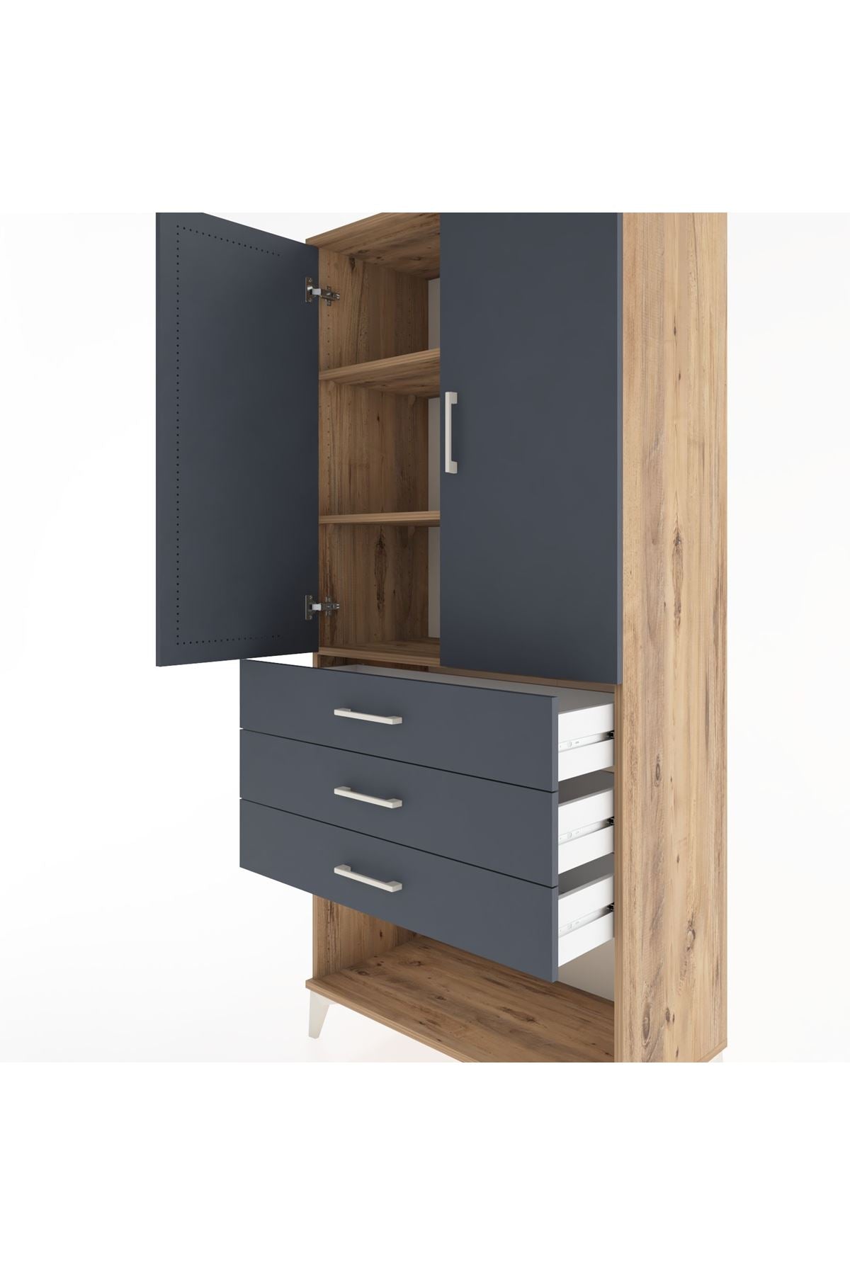 Hyperion Dolap 3 Raflı 3 Çekmeceli 2 Kapaklı 88x44x195 Çam-Antrasit