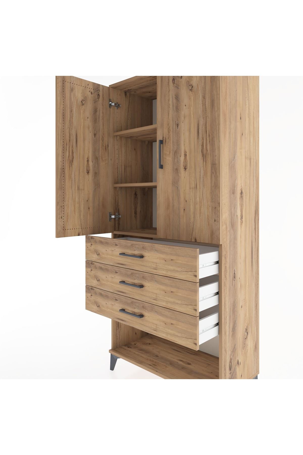 Hyperion Dolap 3 Raflı 3 Çekmeceli 2 Kapaklı 88x44x195 Çam-Çam