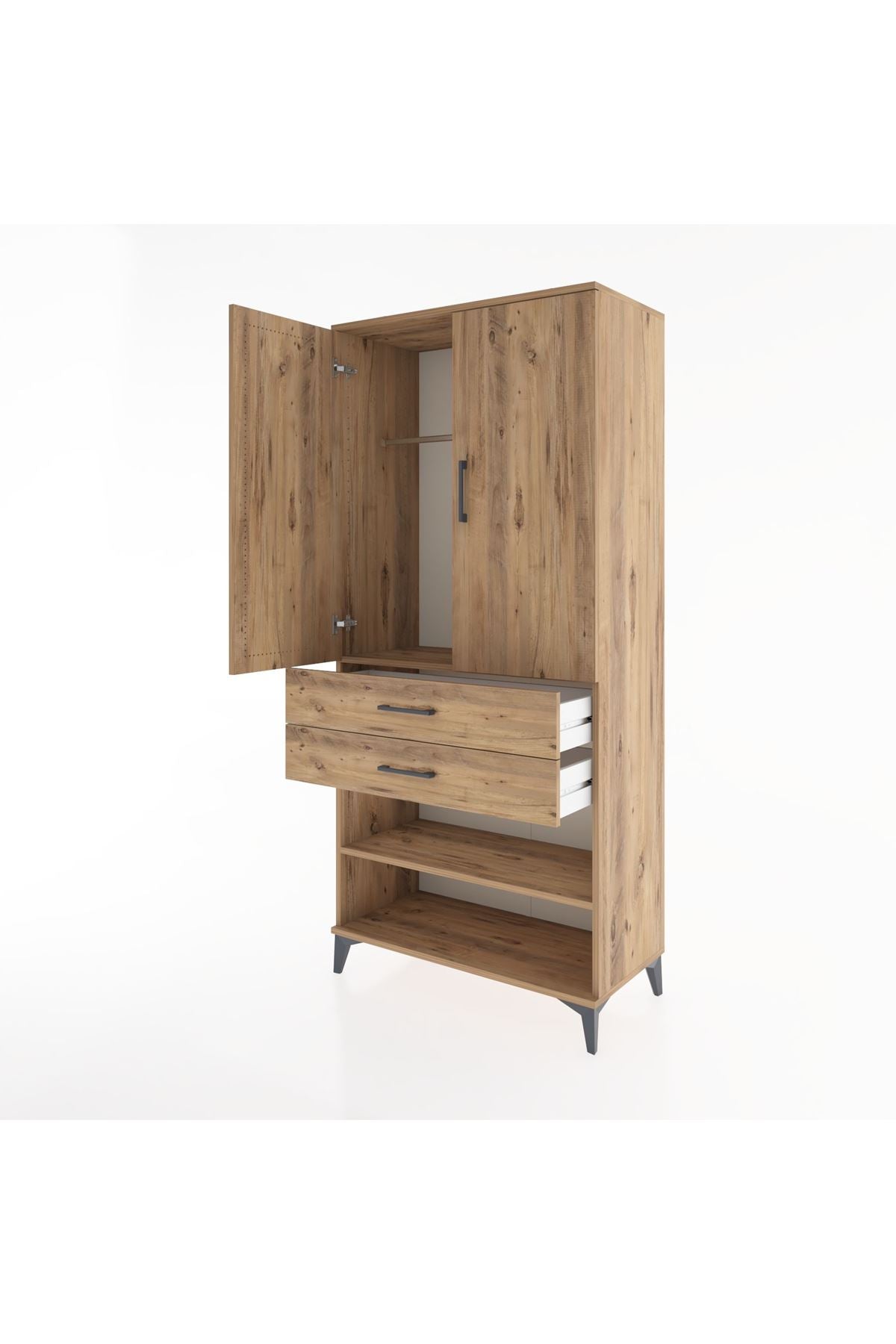 Hyperion Dolap 2 Raflı 2 Çekmeceli Tek Askılı 88x44x195 Çam-Çam