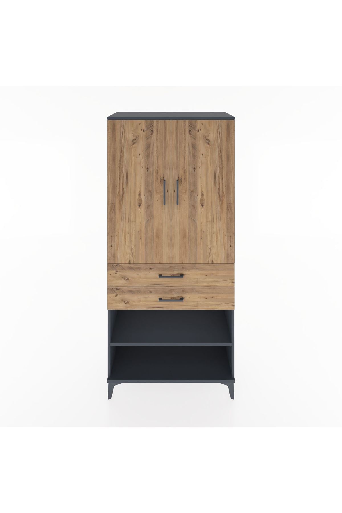 Hyperion Dolap 4 Raflı 2 Çekmeceli 2 Kapaklı 88x44x195 Antrasit-Çam