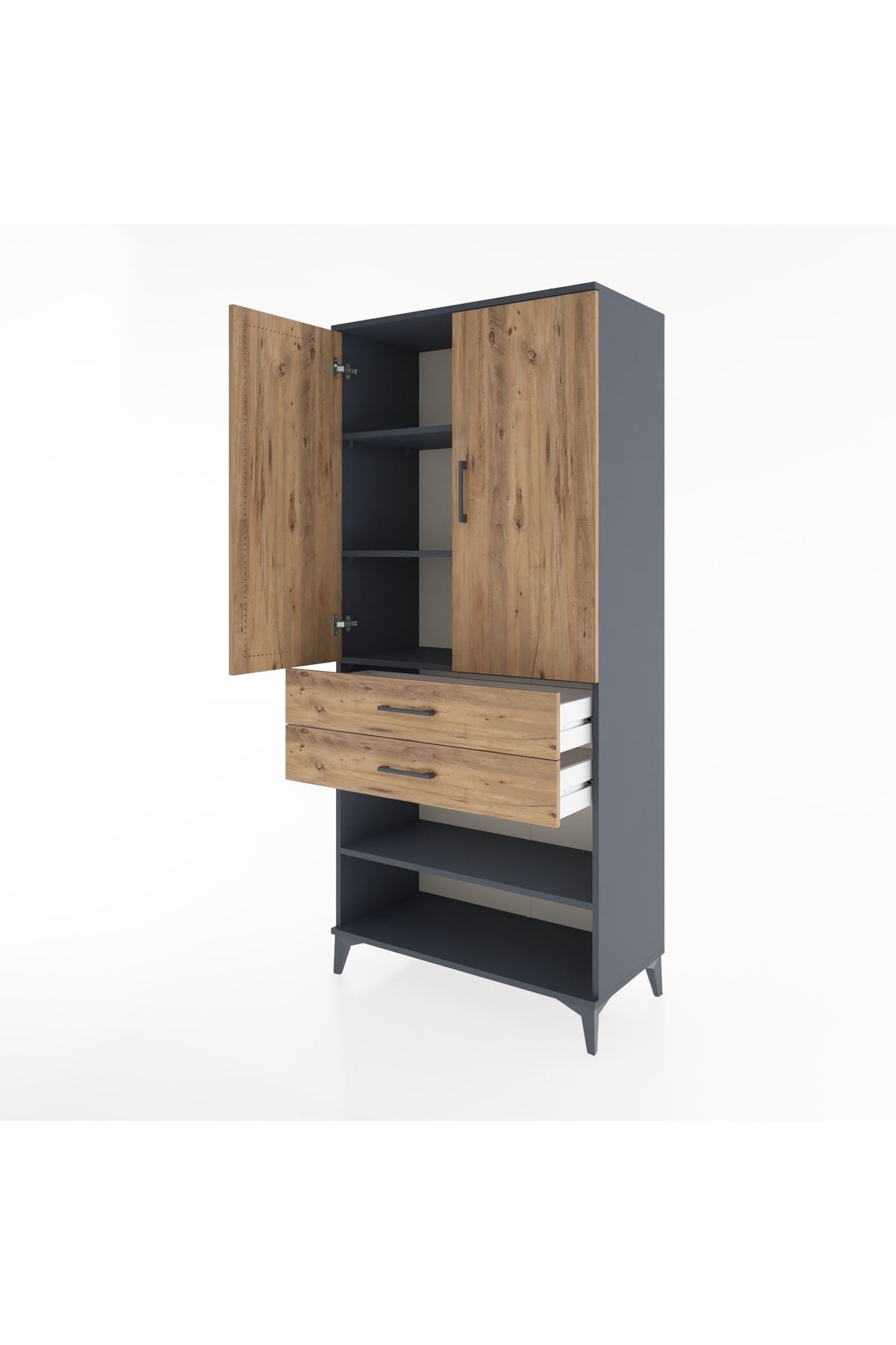 Hyperion Dolap 4 Raflı 2 Çekmeceli 2 Kapaklı 88x44x195 Antrasit-Çam