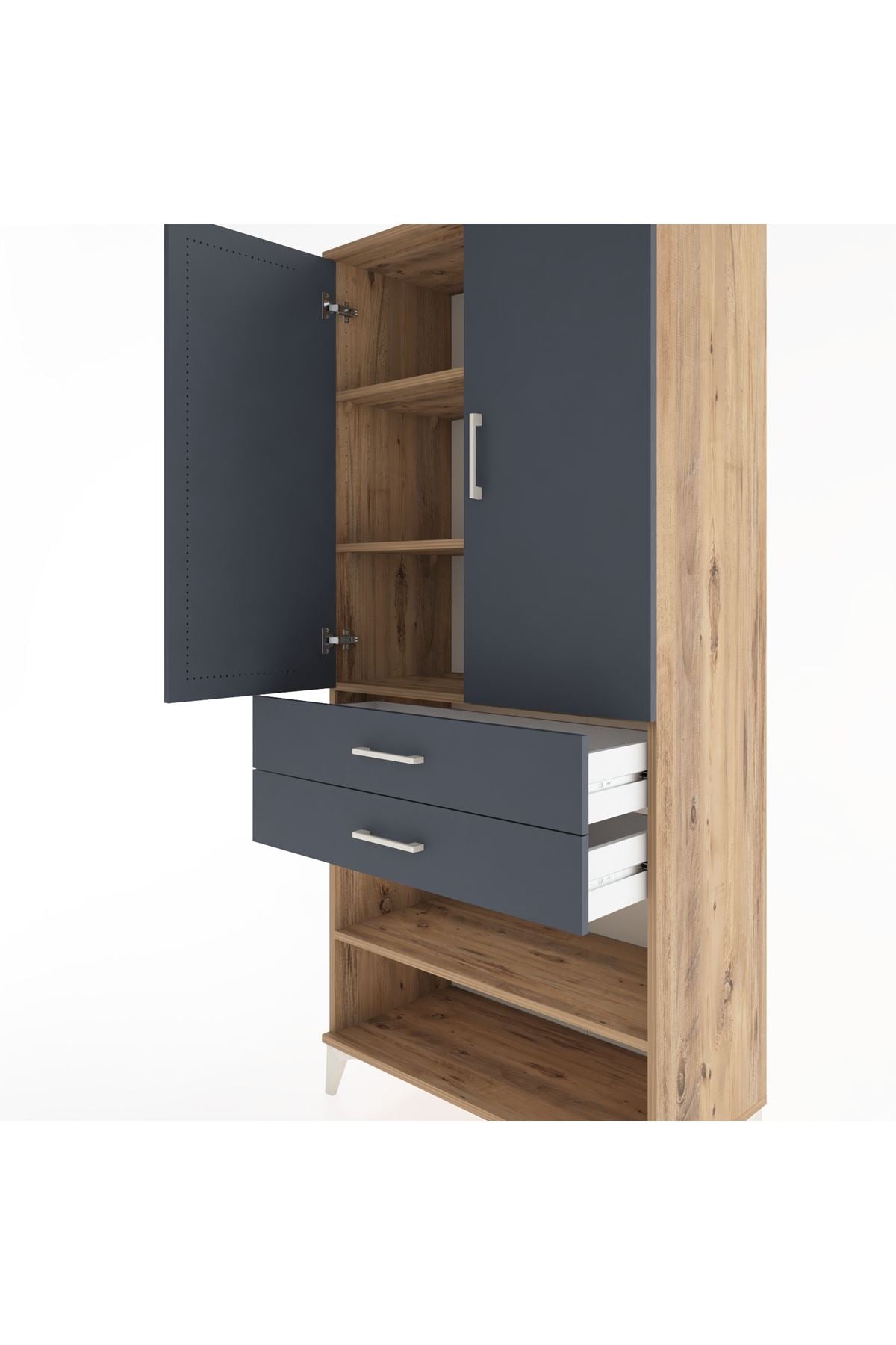 Hyperion Dolap 4 Raflı 2 Çekmeceli 2 Kapaklı 88x44x195 Çam-Antrasit