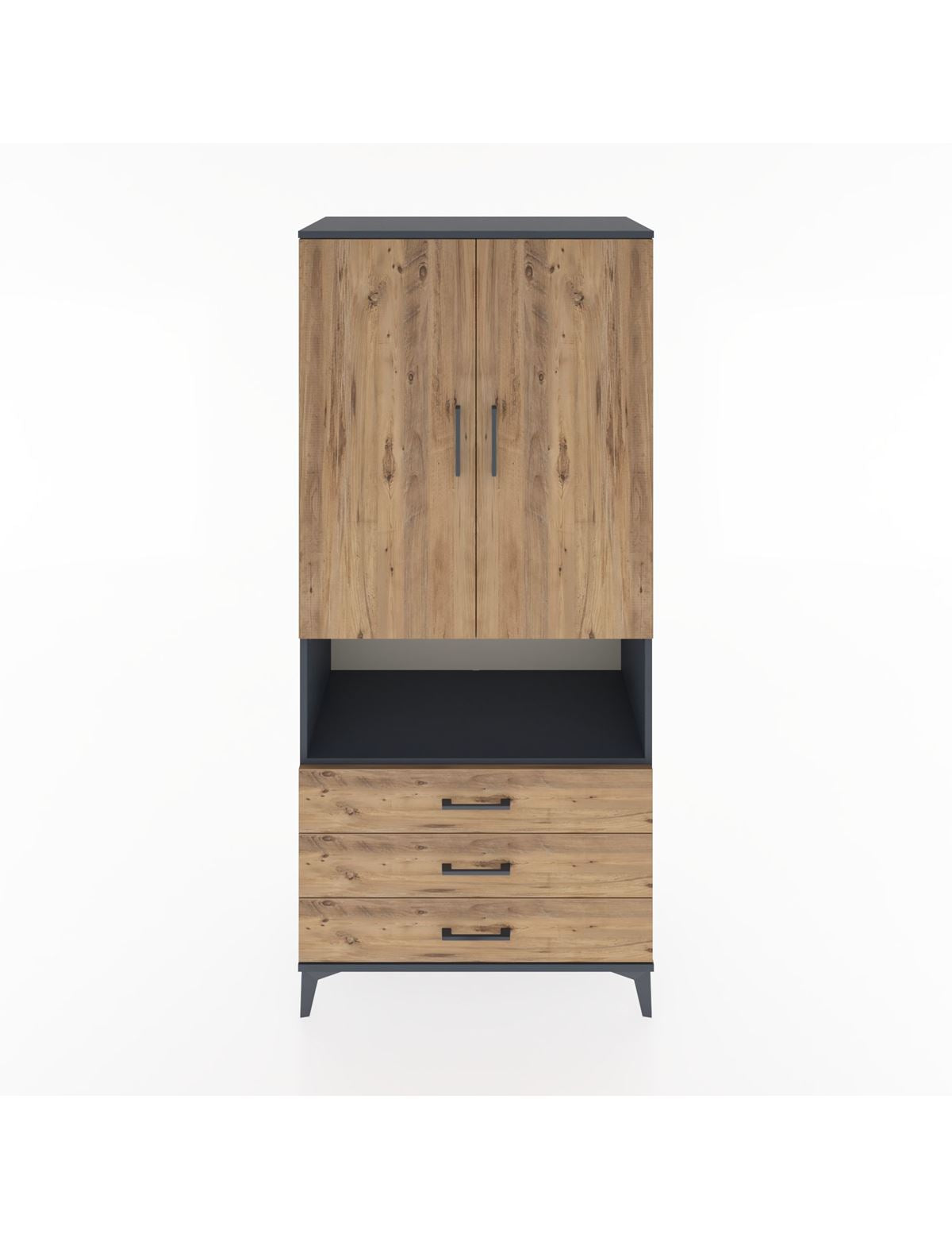 Hyperion Dolap 4 Raflı 3 Çekmeceli 2 Kapaklı 88x44x195 Antrasit-Çam