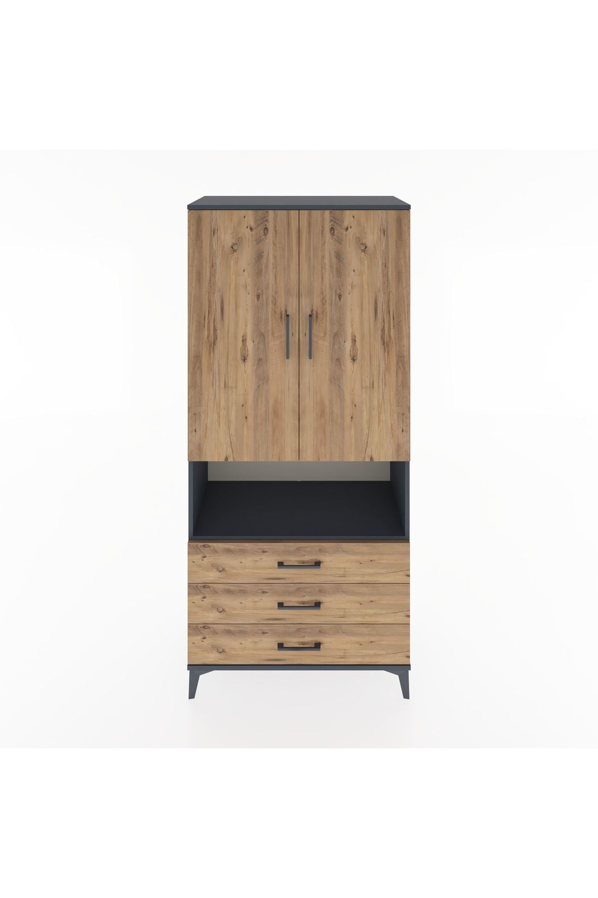 Hyperion Dolap 4 Raflı 3 Çekmeceli 2 Kapaklı 88x44x195 Antrasit-Çam