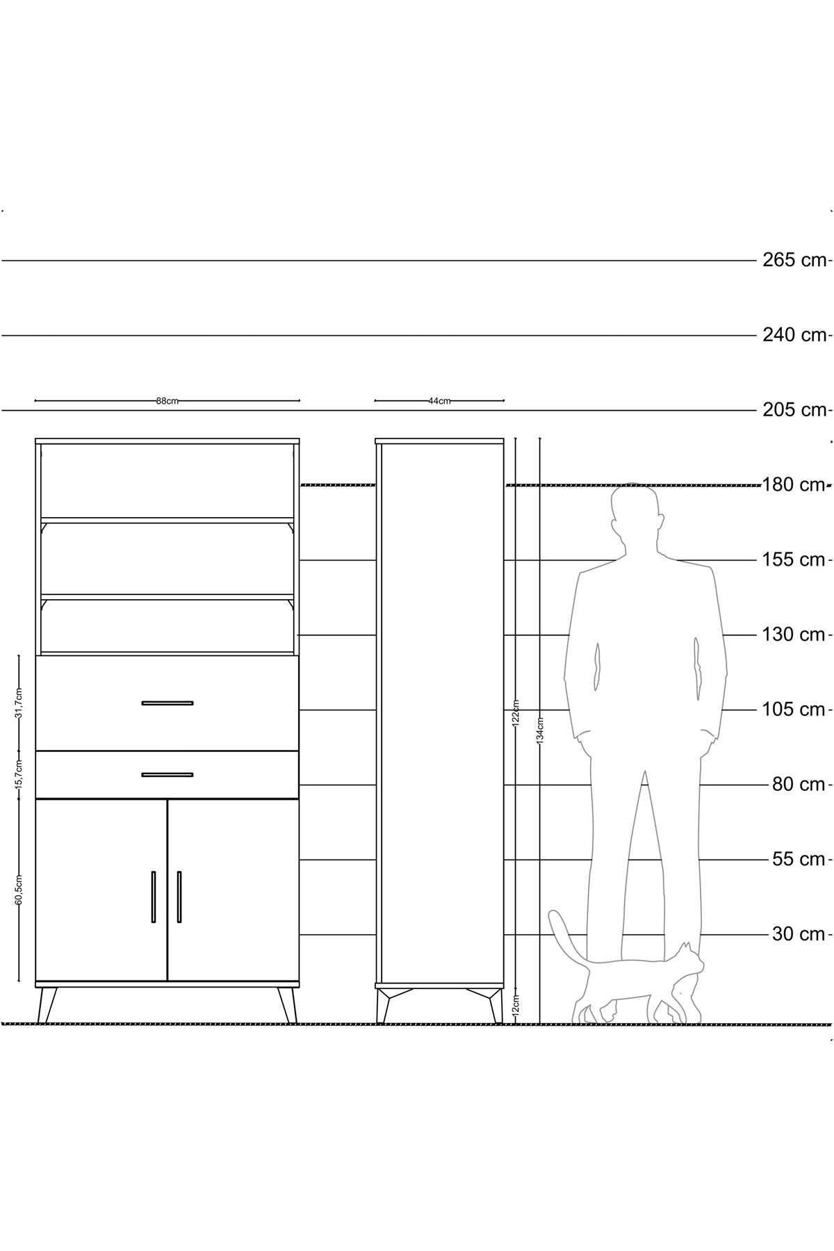 Hyperion Dolap 4 Raflı 2 Çekmeceli 2 Kapaklı 88x44x195 Antrasit-Çam