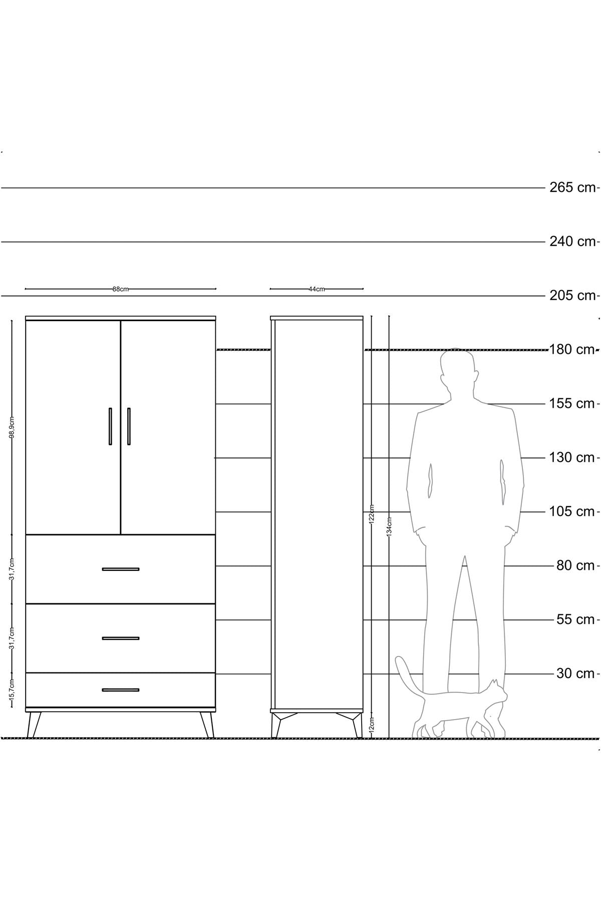 Hyperion Dolap Tek Raflı 3 Çekmeceli Tek Askılı 88x44x195 Çam-Çam