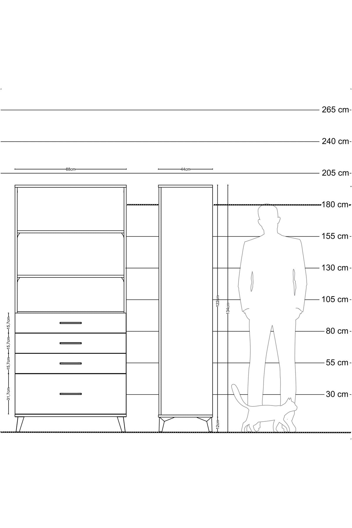 Hyperion Dolap 3 Raflı 4 Çekmeceli 88x44x195 Çam-Antrasit