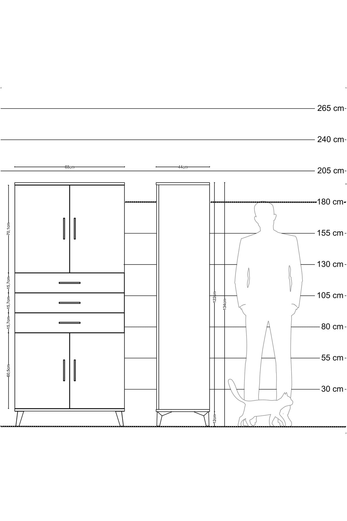 Hyperion Dolap 3 Raflı 3 Çekmeceli 4 Kapaklı 88x44x195 Çam-Antrasit