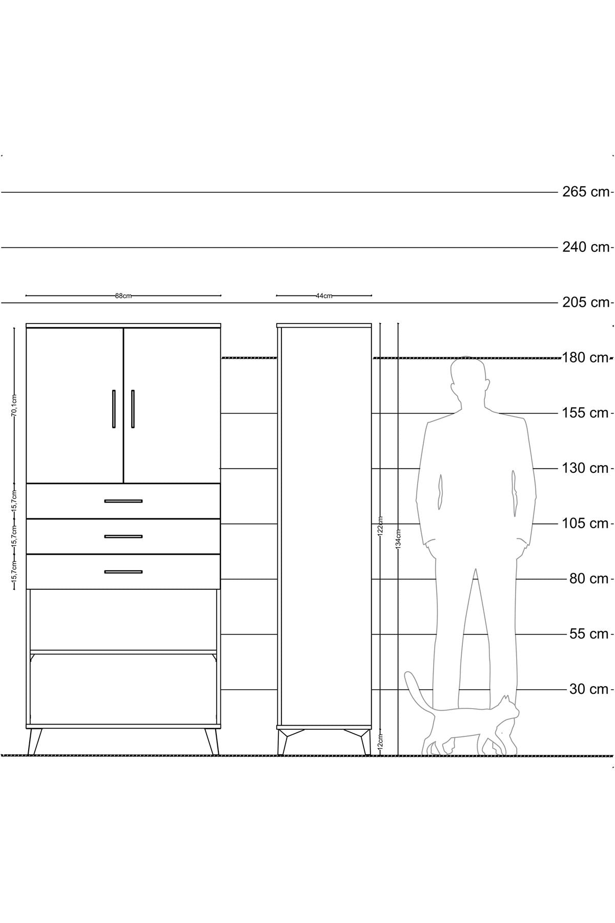 Hyperion Dolap 3 Raflı 3 Çekmeceli 2 Kapaklı 88x44x195 Çam-Antrasit