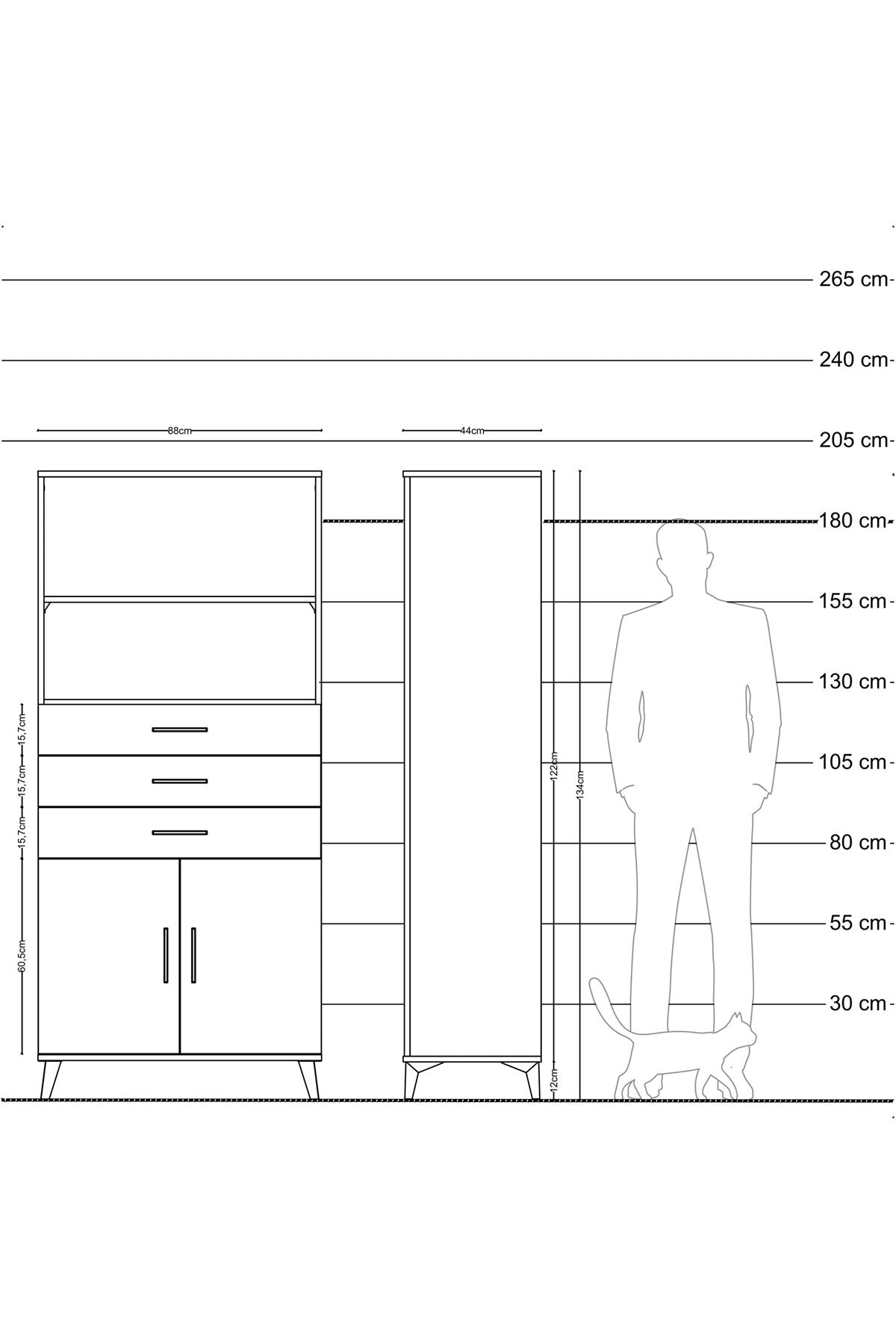 Hyperion Dolap 3 Raflı 3 Çekmeceli 2 Kapaklı 88x44x195 Çam-Antrasit