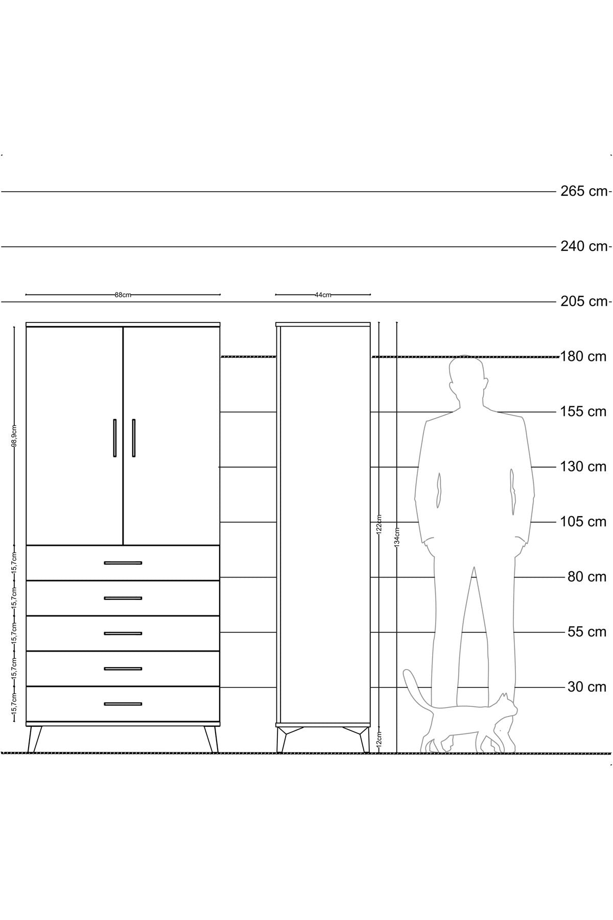 Hyperion Dolap Tek Raflı 5 Çekmeceli Tek Askılı 88x44x195 Çam-Aytaşı