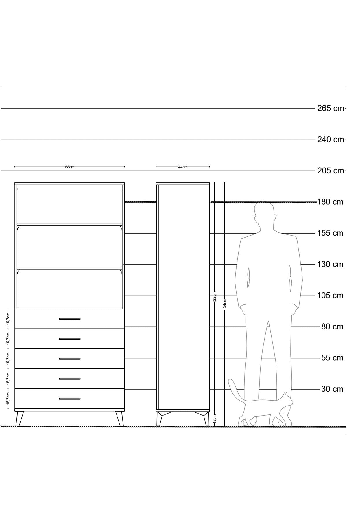Hyperion Dolap 3 Raflı 5 Çekmeceli 88x44x195 Antrasit-Çam