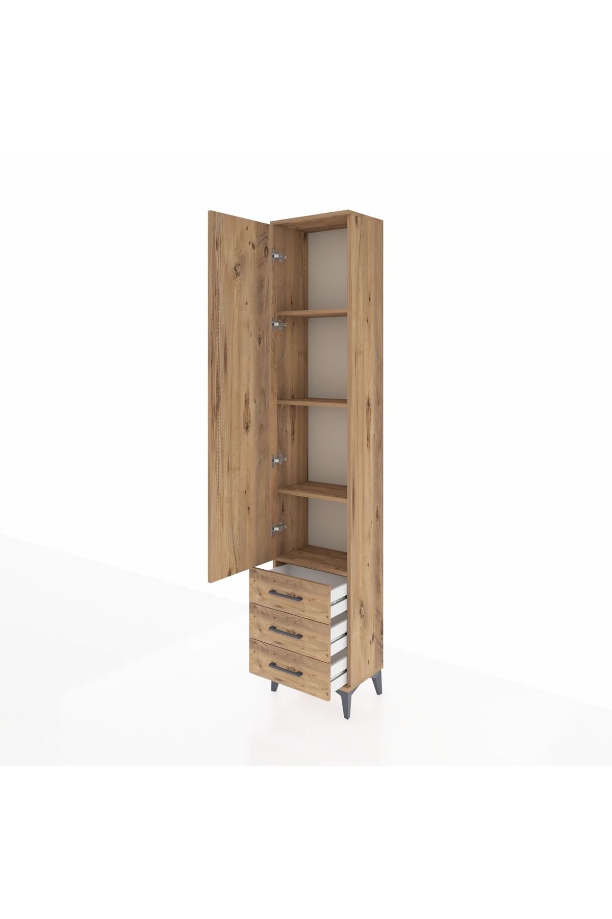 Arges Dolap 4 Raflı 3 Çekmeceli Tek Kapaklı 44x30x221 Çam-Çam