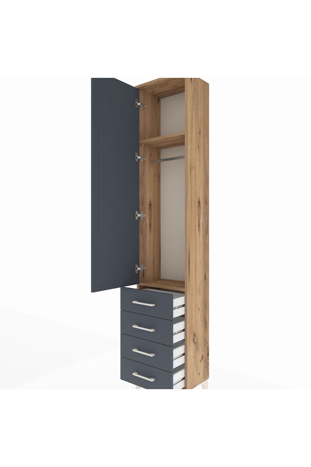 Arges Dolap 2 Raflı 4 Çekmeceli Tek Askılı 44x30x221 Çam-Antrasit