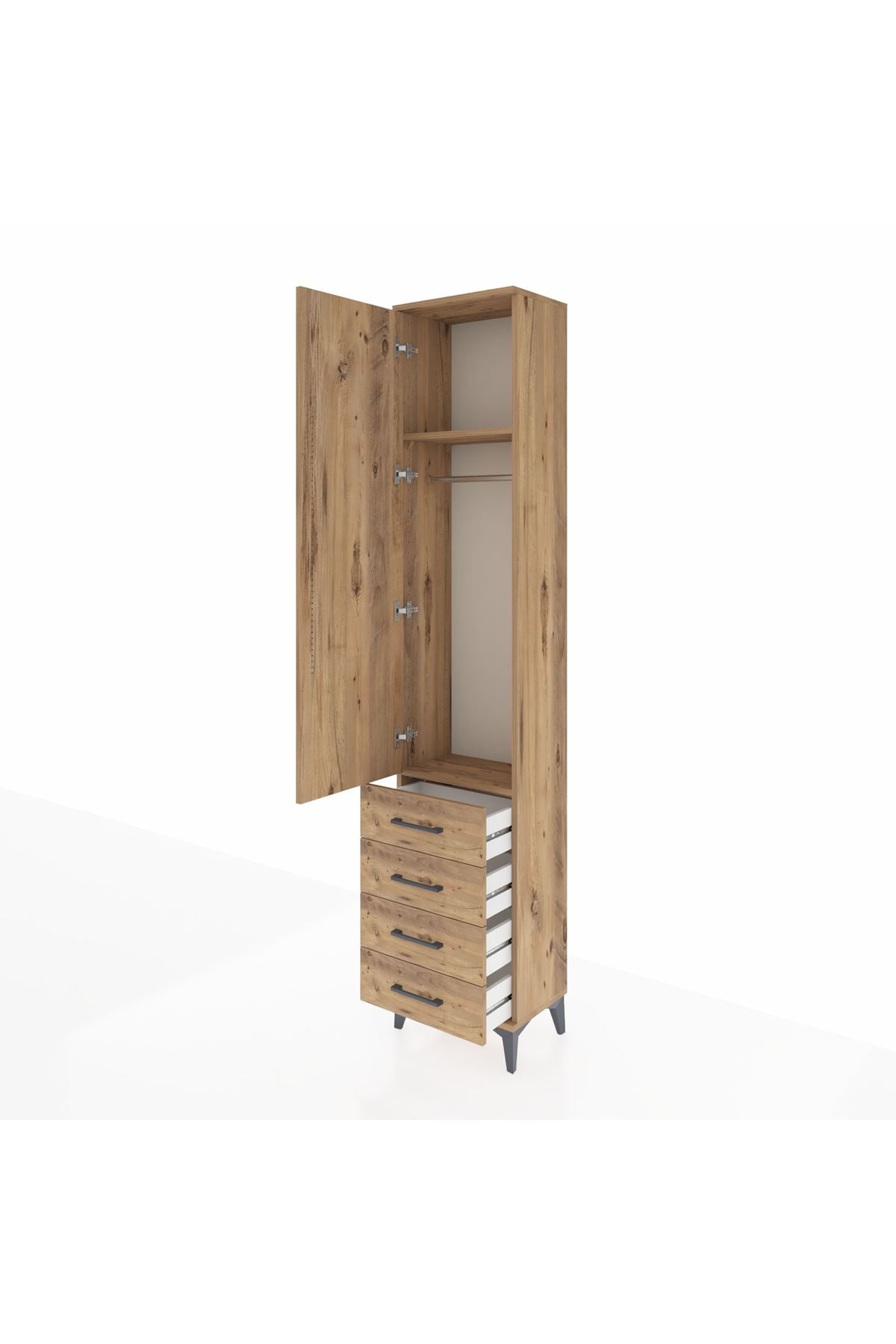 Arges Dolap 2 Raflı 4 Çekmeceli Tek Askılı 44x30x221 Çam-Çam