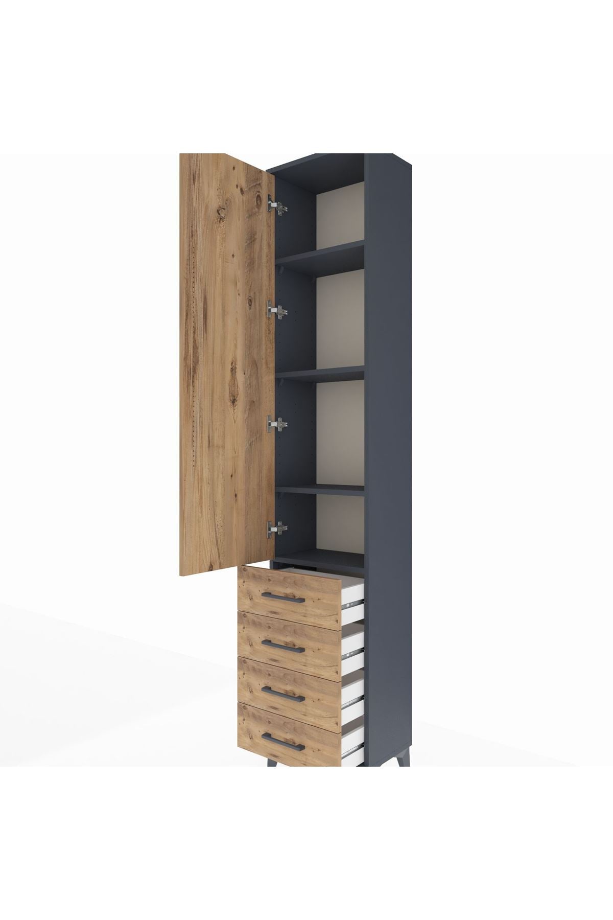 Arges Dolap 4 Raflı 4 Çekmeceli Tek Kapaklı 44x30x221 Antrasit-Çam