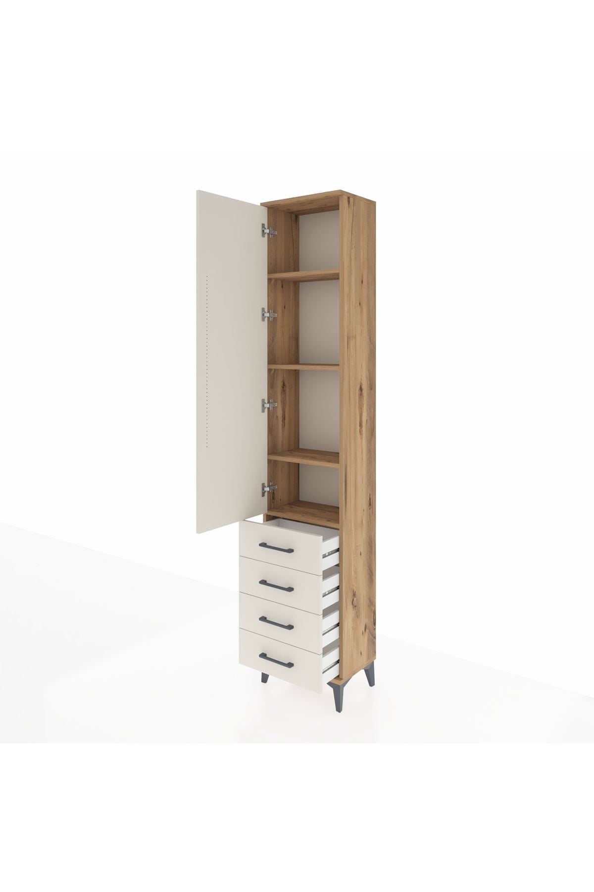 Arges Dolap 4 Raflı 4 Çekmeceli Tek Kapaklı 44x30x221 Çam-Aytaşı