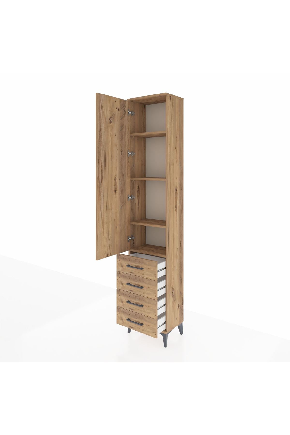 Arges Dolap 4 Raflı 4 Çekmeceli Tek Kapaklı 44x30x221 Çam-Çam