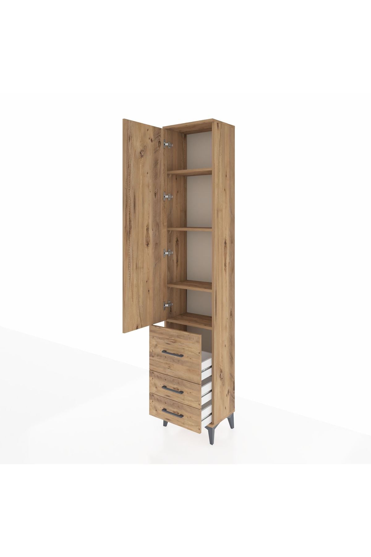 Arges Dolap 4 Raflı 3 Çekmeceli Tek Kapaklı 44x30x221 Çam-Çam