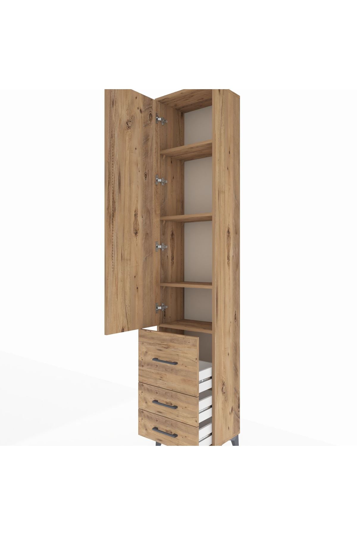 Arges Dolap 4 Raflı 3 Çekmeceli Tek Kapaklı 44x30x221 Çam-Çam